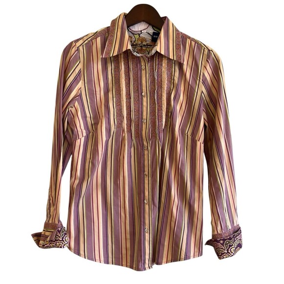 Robert Graham Womens Embroidered Button Up Top Size M Flip Cuff Pleated Striped - Picture 2 of 14